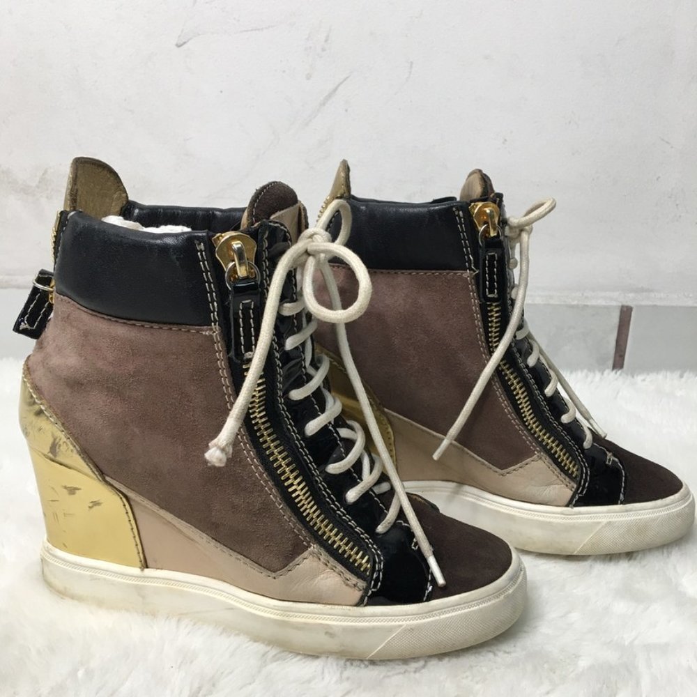 Giuseppe Zanotti Womens Brown Gold Wedge High Top Sneakers Size 5 Heel 4 Inch